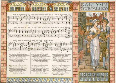&39;Sally in our Alley&39;, ilustração de canção de &39;Pan-Pipes&39;, um livro de canções antigas, recentemente arranjado e com acompanhamentos por Theo. Marzials, publicado em Londres por George Routledge und Sons, 1884 (cor li de Walter Crane